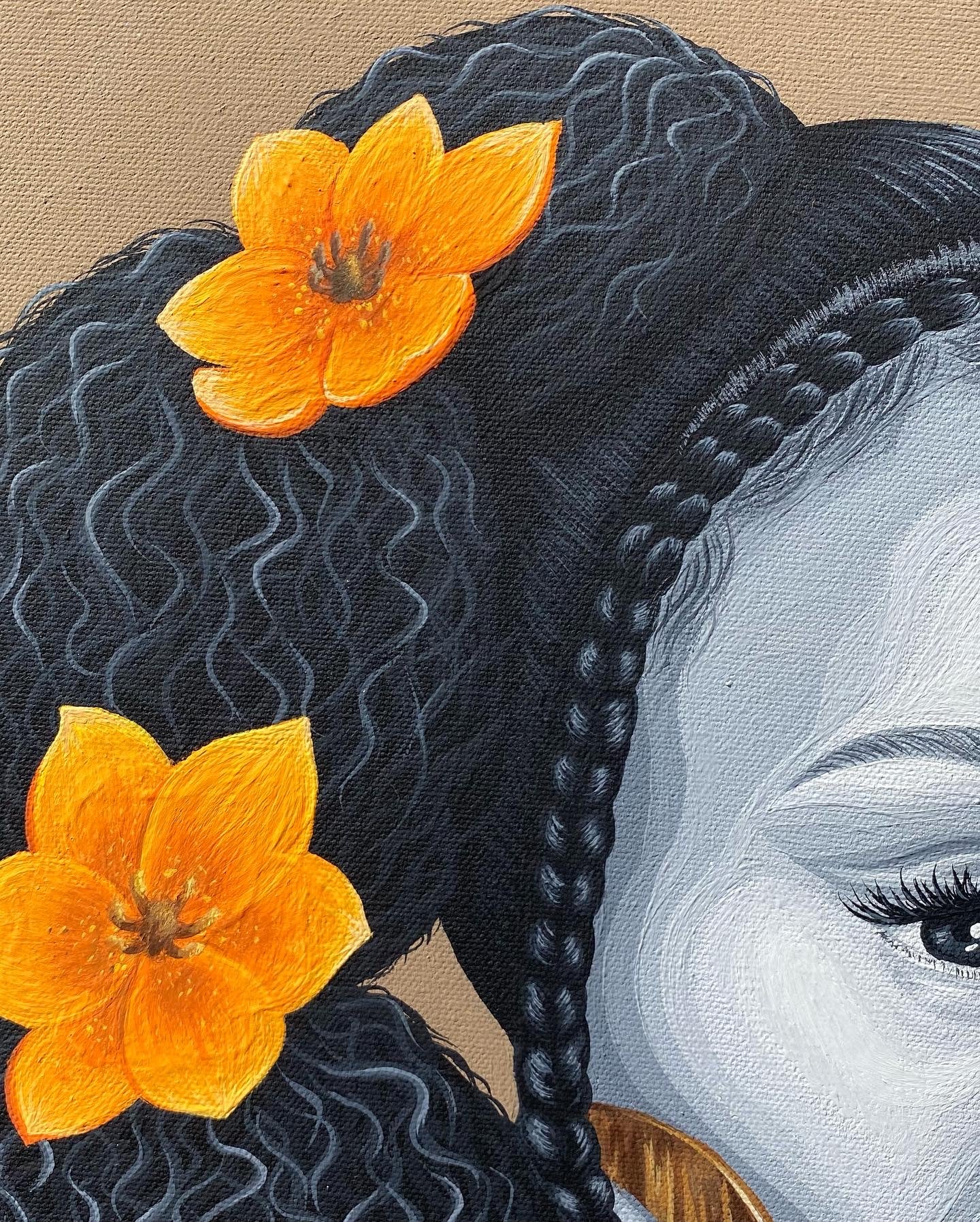 Close-up of a painted portrait showing part of a woman's face with dark braided hair and two bright orange flowers in her hair, on a tan background.