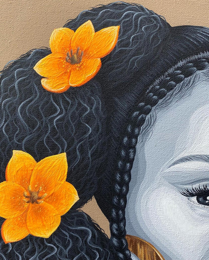 Close-up of a painted portrait showing part of a woman's face with dark braided hair and two bright orange flowers in her hair, on a tan background.