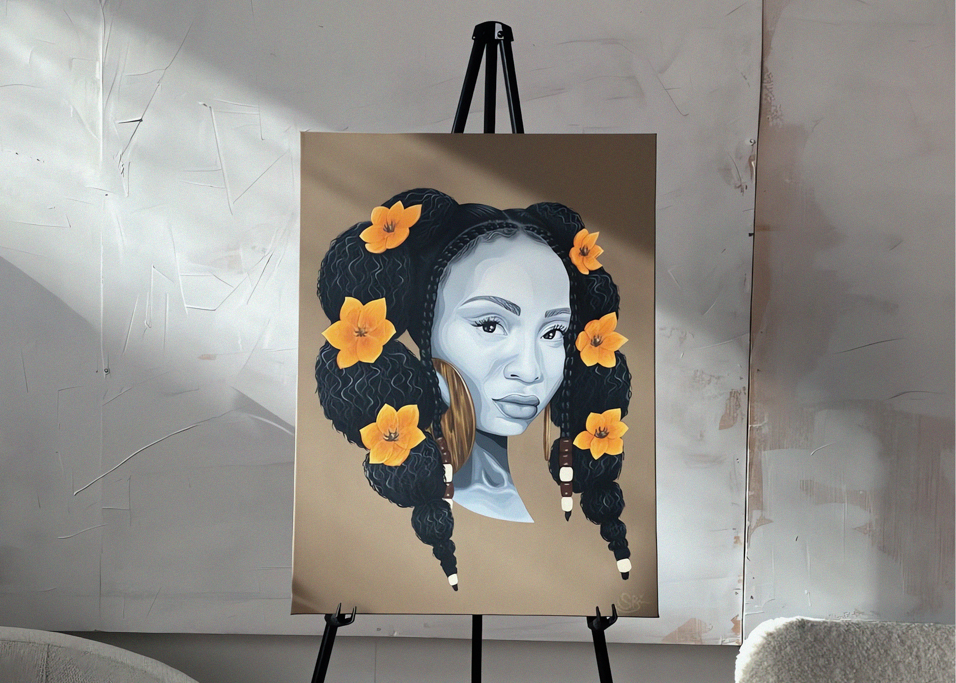 A vertical canvas portrait painting of a woman with braided black hair adorned with orange flowers, displayed on a black easel against a textured light gray wall.