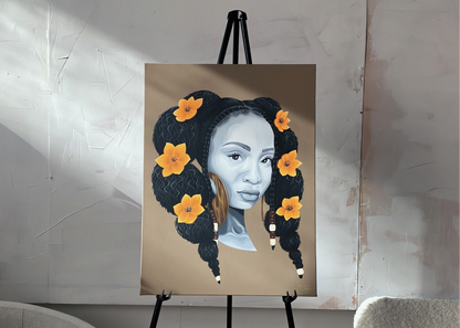 A vertical canvas portrait painting of a woman with braided black hair adorned with orange flowers, displayed on a black easel against a textured light gray wall.