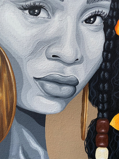 Close-up painted portrait of a woman's face with large wooden hoop earrings, dark braided hair with brown and white beads, and a neutral background.