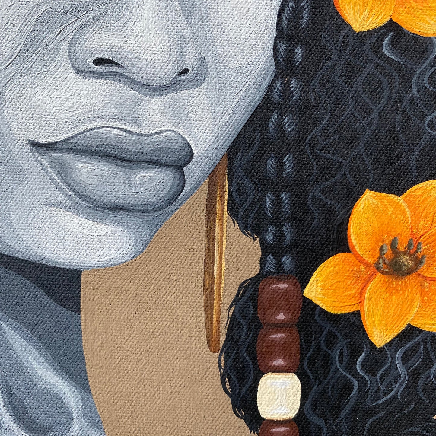 Close-up painted portrait of part of a woman's face with dark braided hair adorned with bright orange flowers and brown-and-white beads, on a beige background.